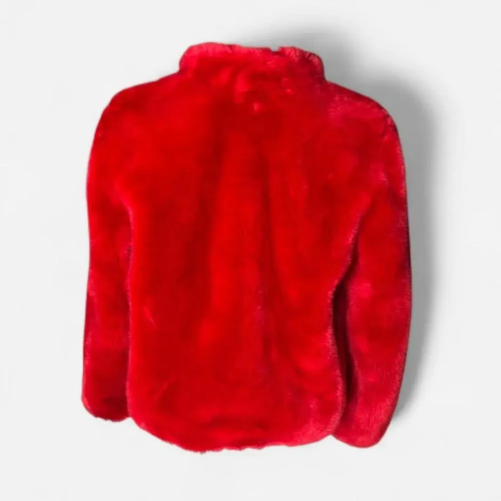 Red Faux Fur Zip Up Jacket Mock Neck Teddy Shaggy Coat Small